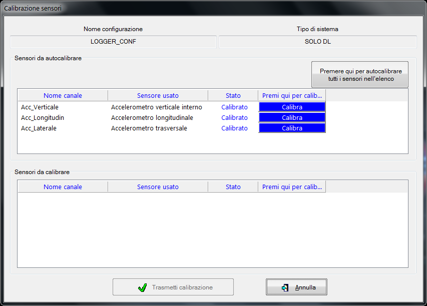 Per calibrare i sensori è necessario collegare lo strumento AIM (in posizioni di gara) con programma RaceStudio: a) Selezionare calibrazione dispositivo b) Selezionare autocalibrare tutti i sensori