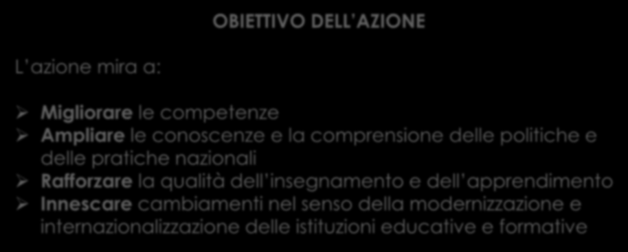 KA 1: Mobilità individuale di apprendimento L azione mira a: OBIETTIVO DELL AZIONE Migliorare le competenze Ampliare le conoscenze e la comprensione delle politiche e delle pratiche