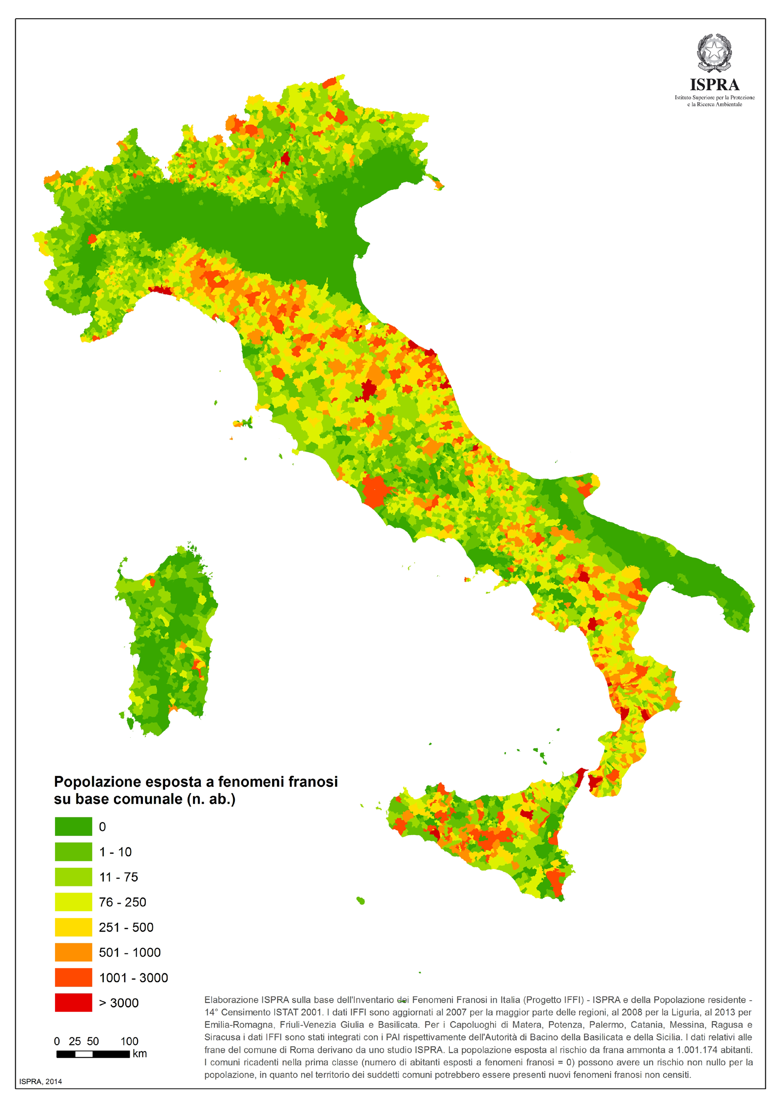Rapporto di sintesi sul dissesto idrogeologico in Italia ISPRA 1.3 Popolazione esposta a frane La popolazione esposta a fenomeni franosi in Italia ammonta a 1.001.174 abitanti.