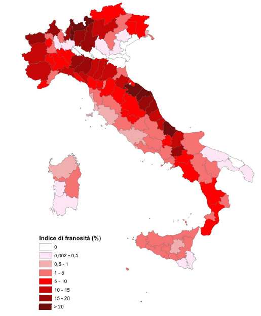 La media nazionale è di circa 5 aree franose per 100 km quadrati, ma alcune regioni presentano dati molto più allarmanti; la maggior densità di frane si ha in Basilicata con oltre 27 aree