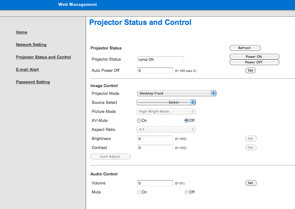 Comandi utente Fase 9: Aprire "Projector Status and Control" (Stato