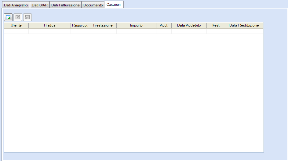 Scheda Dati Cauzioni Valido solo per gli utilizzatori del programma "ASSOCIAZIONE". La funzione consente di gestire un archivio analitico delle somme richieste come cauzione al cliente/associato.
