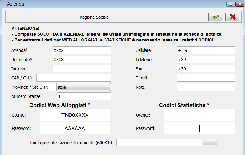 6.1 Configurazione dati struttura Questo pannello di configurazione verrà aperto in automatico al primo avvio dell'applicazione.