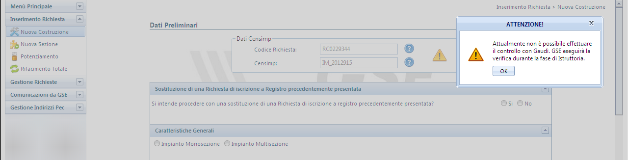 Dopo aver inserito i codici e selezionato il pulsante Verifica Censimp l applicazione verifica la presenza della coppia di valori inserita, nella banca dati di GAUDÌ: Caso 1: in caso di combinazione