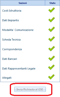 5.12 Scheda Invio Richiesta al GSE Tale sezione mostra a video la tabella riassuntiva delle schede compilate, con indicazione iconografica del relativo stato di completamento, come riportato nella