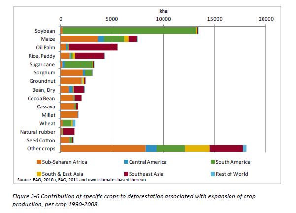 La tabella seguente evidenzia l incidenza sulla deforestazione dell espansione di alcune colture in determinate aree. Ancora in evidenza il dato della soia in Sud America.