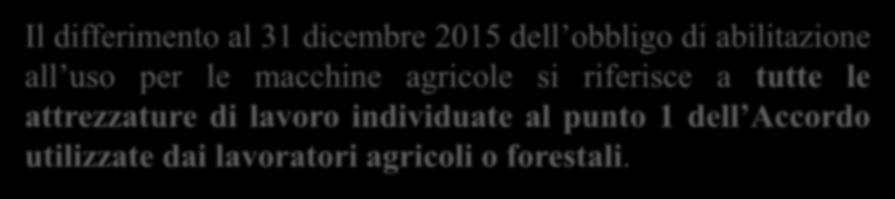 Decreto milleproroghe Definizione di Macchine agricole Il differimento al 31 dicembre 2015 dell obbligo di abilitazione all uso per le