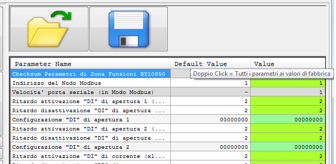 Pagina 10 di 15 Per ripristinare i parametri della zona di destra ai valori di fabbrica, fare doppio click sulla scritta Default Value in testa alla tabella.