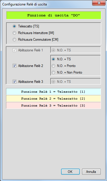 Pagina 14 di 15 La finestra di configurazione dei relè di uscita assume un aspetto diverso a seconda della tipologia di funzione utilizzata.