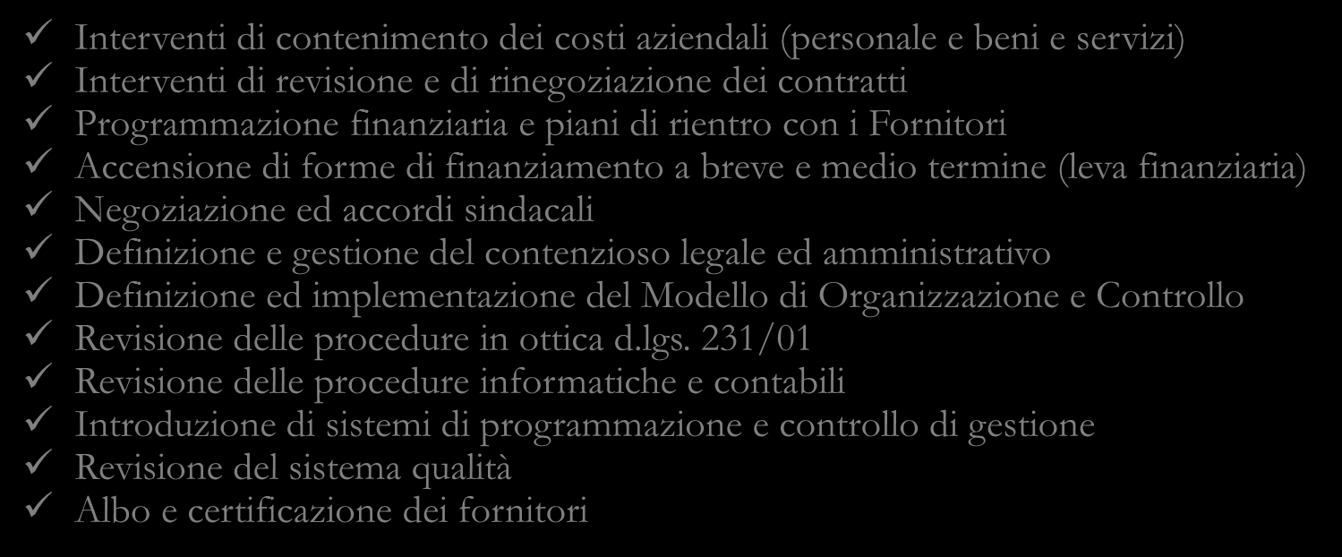 Pianificazione interventi 1-1,5 anni Turnaround / riorganizzazione Key point Principali attività Durata Interventi di contenimento dei costi aziendali (personale e beni e servizi) Interventi di