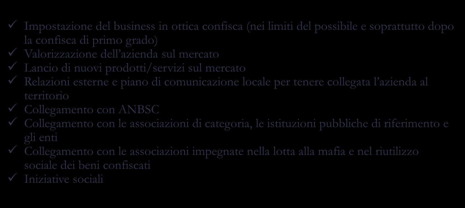 Sviluppo e consolidamento Sino a confisca definitiva Evoluzione del business Key point Principali attività Durata Impostazione del business in ottica confisca (nei limiti del possibile e soprattutto