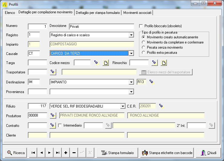 3.4 Profili Finestra accessibile da AmaAmbiente, menu Archivi Profili Il profilo è un