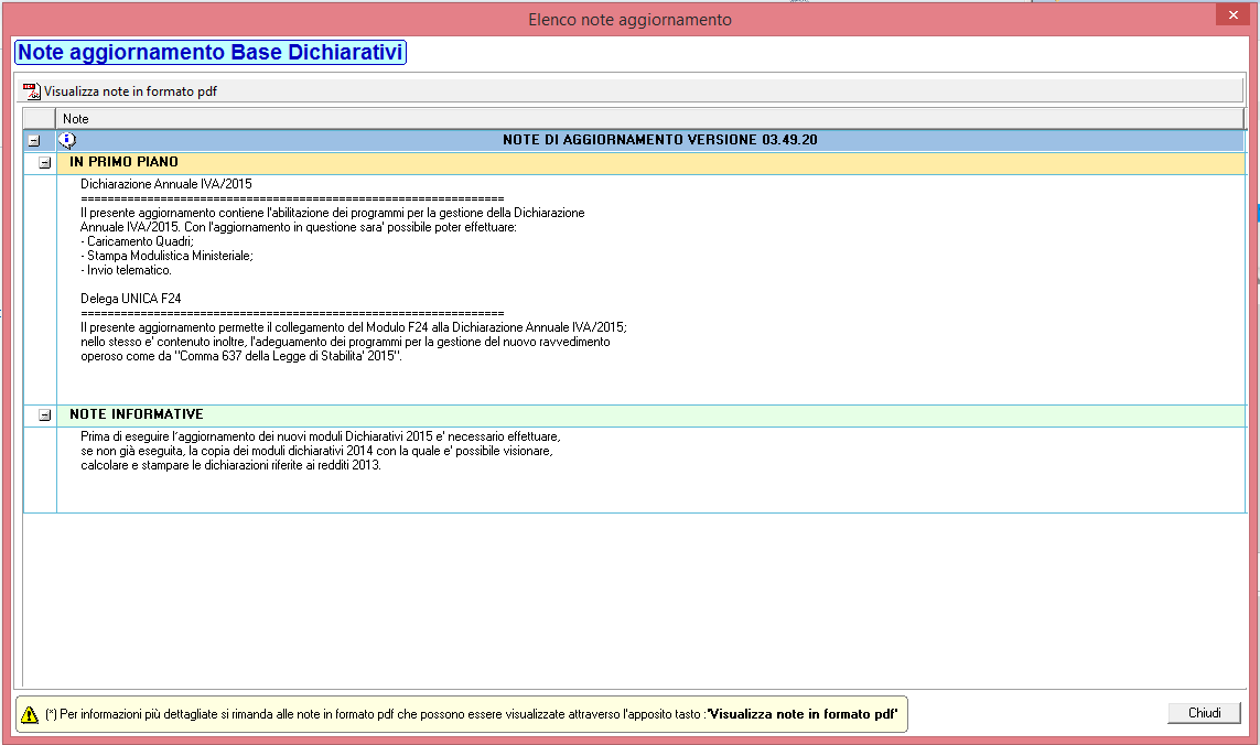 Il tasto Visualizza note in formato pdf richiama la specifica circolare legata al rilascio di cui si stanno visualizzando le note.