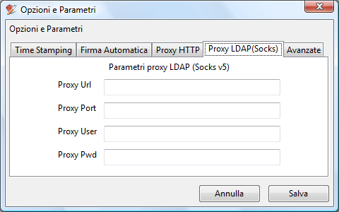 12.2 Configurazione Proxy LDAP (Socks) Questa configurazione è necessaria per poter svolgere le operazioni di aggiornamento, controllo stato di revoca e richiesta di marche temporali quando la
