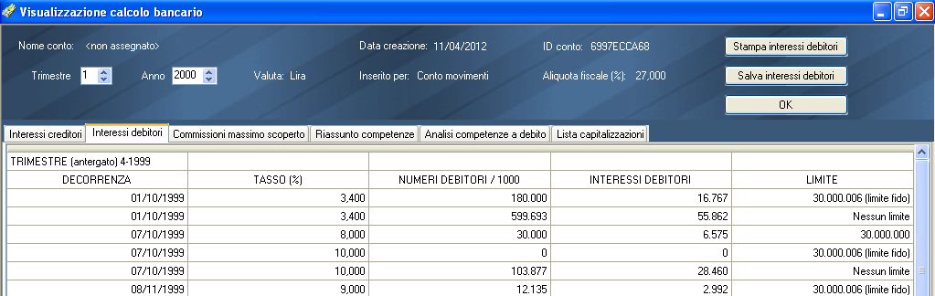 10 Riepilogo degli interessi debitori. Per il trimestre di competenza sono riepilogati: decorrenza, tasso (%), numeri debitori/1000, interessi debitori, limiti difido.