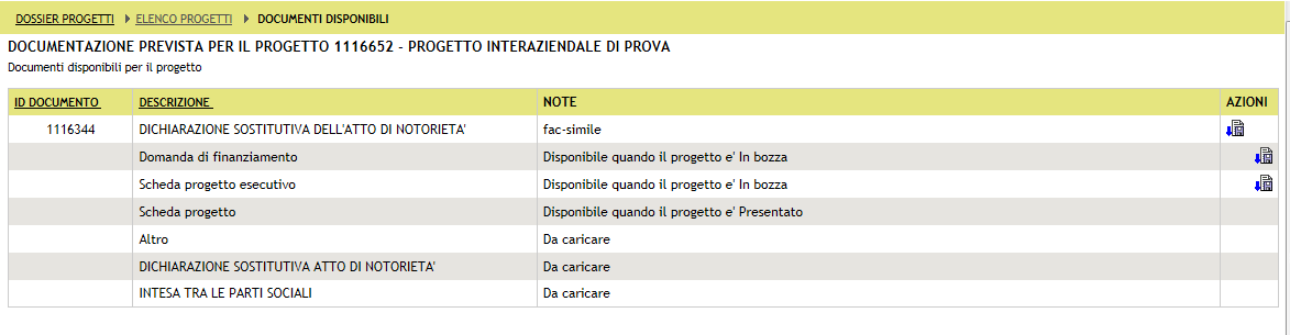 Cliccando sul numero inserito nella prima colonna viene aperta la finestra sotto riportata, che presenta tutti i progetti del relativo Bando presenti in stato di bozza: AZIONI GEFO DELLA SEZIONE