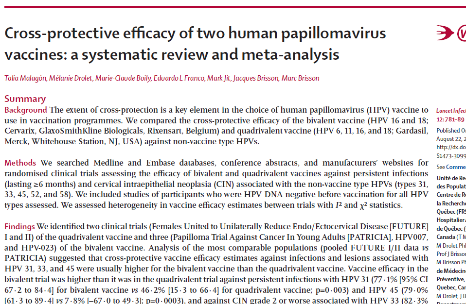 Differente efficacia possibile: causa Il bivalente sembra più efficace del quadrivalente contro HPV 31, 33 e 45, ma: differenze non significative forse dovute a differente disegno dei trial L