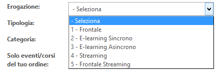 Filtro ricerca: Codice/numero: Svolgimento Erogazione In questo campo è possibile inserire una delle seguenti informazioni: - Titolo dell'evento/corso o parte del titolo esempio: Emozione in