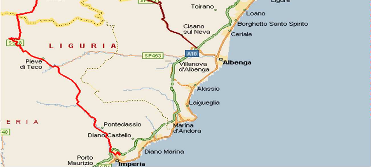 A/6 Torino - Savona tratto Ceva - Savona Arma dei Carabinieri Uscita: A6 Ceva Entrata: A10 Finale Ligure Km 65 Ceva- SP 450- Millesimo- SP51-