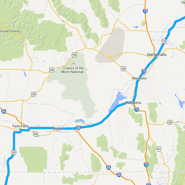 6. Entra in I-15 S/US-20 W Continua a seguire la I-15 S 75,0 km 7. Prendi l'uscita 72 per I-86 W verso Twin Falls 900 m 8. Continua su I-86 W 101 km 9. Continua su I-84 62,3 km 10.