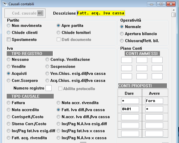 Causale fattura acquisto: Le causali per gli incassi/pagamenti vanno codificate indicando Inc/Pag fat Iva x cassa nel campo Tipo Causale.