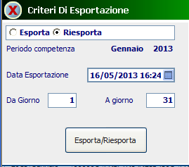 - In caso di riesportazione, consente di scegliere quale esportazione riesportare selezionandola per data da una lista precaricata ed eventualmente di decidere l intervallo di giorni da prendere in