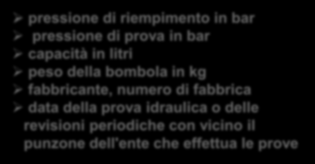 BOMBOLE DI GAS COMPRESSI Ogiva delle bombole Tutte le bombole hanno le seguenti informazioni punzonate sul corpo o sull'ogiva: pressione di riempimento in bar pressione di prova in bar