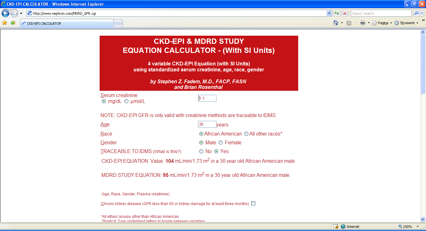 egfr : Calcolo con la formula MDRD