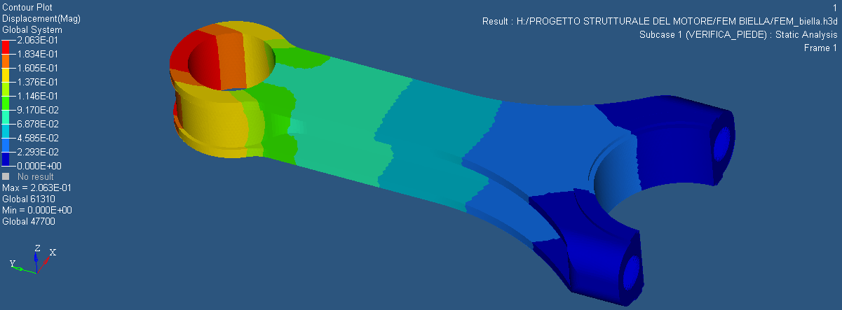 In effetti andando ad indagare i soli elementi maggiormente caricati del piede di biella, si nota che il valore di sollecitazione si ferma in questo caso a 395 MPa, valore molto minore del massimo