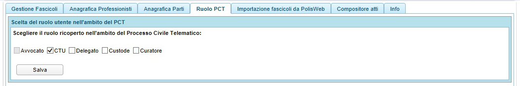 La prima operazione consiste nel selezionare il ruolo che si riveste nel PCT, ovviamente la selezione è CTU Per inizializzare la propria postazione, occorrerà importare i fascicoli