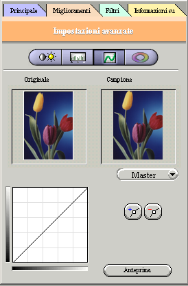 15 NOTA: Se si esegue la scansione in RGB, è possibile controllare i livelli di ciascun canale. Curva NOTA: La funzione Curva è applicabile alle immagini nei toni di grigio e a colori a 24/48 bit.