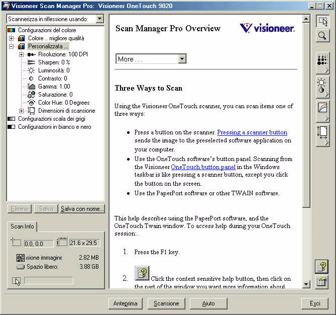 SCANSIONE DI DIAPOSITIVE E NEGATIVI DA 35 MM 33 COME OTTENERE HELP CON SCAN MANAGER PRO Scan Manager Pro dispone di un proprio sistema di aiuto, separato dal sistema di aiuto del software PaperPort.