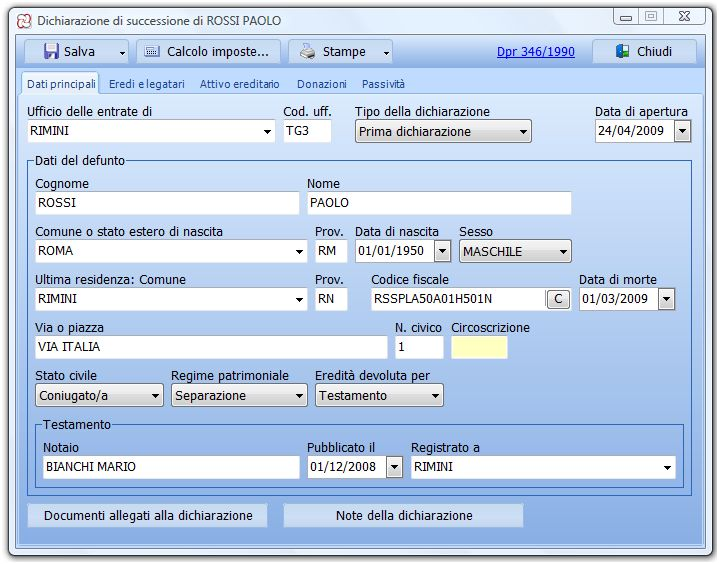 Dati principali: in questa videata occorre indicare tutti i dati anagrafici del de cuius, il tipo di dichiarazione, la data di apertura della successione, se questa è devoluta per legge o per