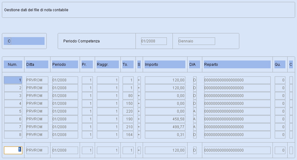 La funzione Gestione file apre la seguente schermata nella quale è possibile modificare i dati da portare in contabilità: La funzione Scarico file su floppy permette di memorizzare il file generato