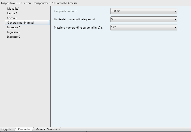 Messa in servizio 3.3 Generale per gli ingressi In questo menù si configurano i parametri generali relativi agli ingressi del dispositivo.