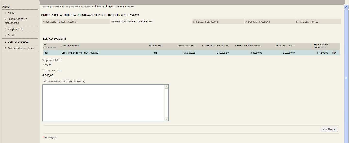 La successiva scheda che viene visualizzata è la scheda B- Importo contributo richiesto in cui appaiono