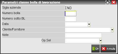 PARAMETRI BOLLA DI LAVORAZIONE SIGLA AZIENDA Azienda in cui è stata effettuata associazione tra le bolle di lavorazione ed i documenti che si vogliono ricercare.