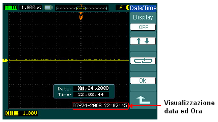 OSCILLOSCOPIO DIGITALE DS1000 B RIGOL Date an Time (Impostazione Data ed Ora) Per impostare la data ed ora del sistema, accedere al menu Date/Time, quindi apparirà la seguente finestra: Figura 2-113