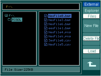 RIGOL External Memory Press Storage External to go to the following menu. Figure 2-76 Table 2-47 The Memory menu Menu Settings Comments Explorer Path Switch among Path, Directory Directory and File.