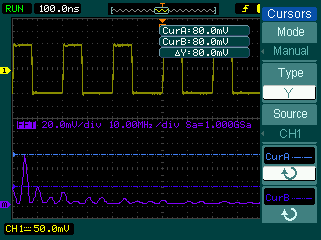 RIGOL Example 8: FFT Cursor Measurement FFT measurements include: Amplitude measurement (Vrms or dbvrms) and Frequency measurement (Hz). Do these steps as follows: 1. Press Cursor Press No.