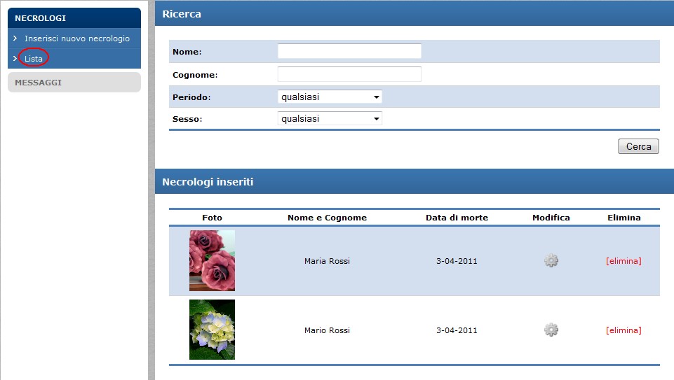 3. Inserimento e modifica dei necrologi Modifica dei dati di un necrologio