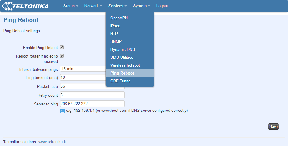 Figura 71 - SMS Utility Per default è attivo il Ping Reboot, sezione System, Ping Reboot.