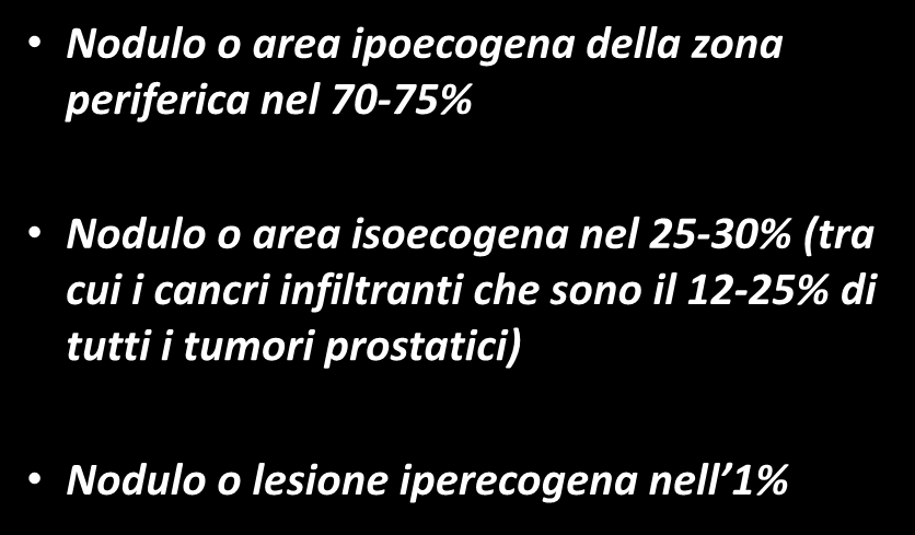 IL CANCRO ALLA TRUS Nodulo o area ipoecogena della zona periferica nel 70-75% Nodulo o area isoecogena nel 25-30%