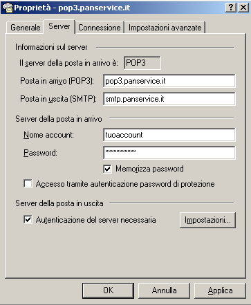 Nella pagine successiva, andare nella sezione Server e spuntare la casella Autenticazione del server necessaria Dopo aver completato il settaggio come indicato è possibile ricevere ed inviare posta