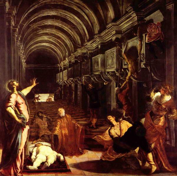 Ritrovamento del corpo di San Marco (1562-63) commissionata da Tommaso Rangone edificio in prospettiva a imbuto tre momenti diversi della stessa storia: 1 ritrovamento del corpo in una tomba terragna