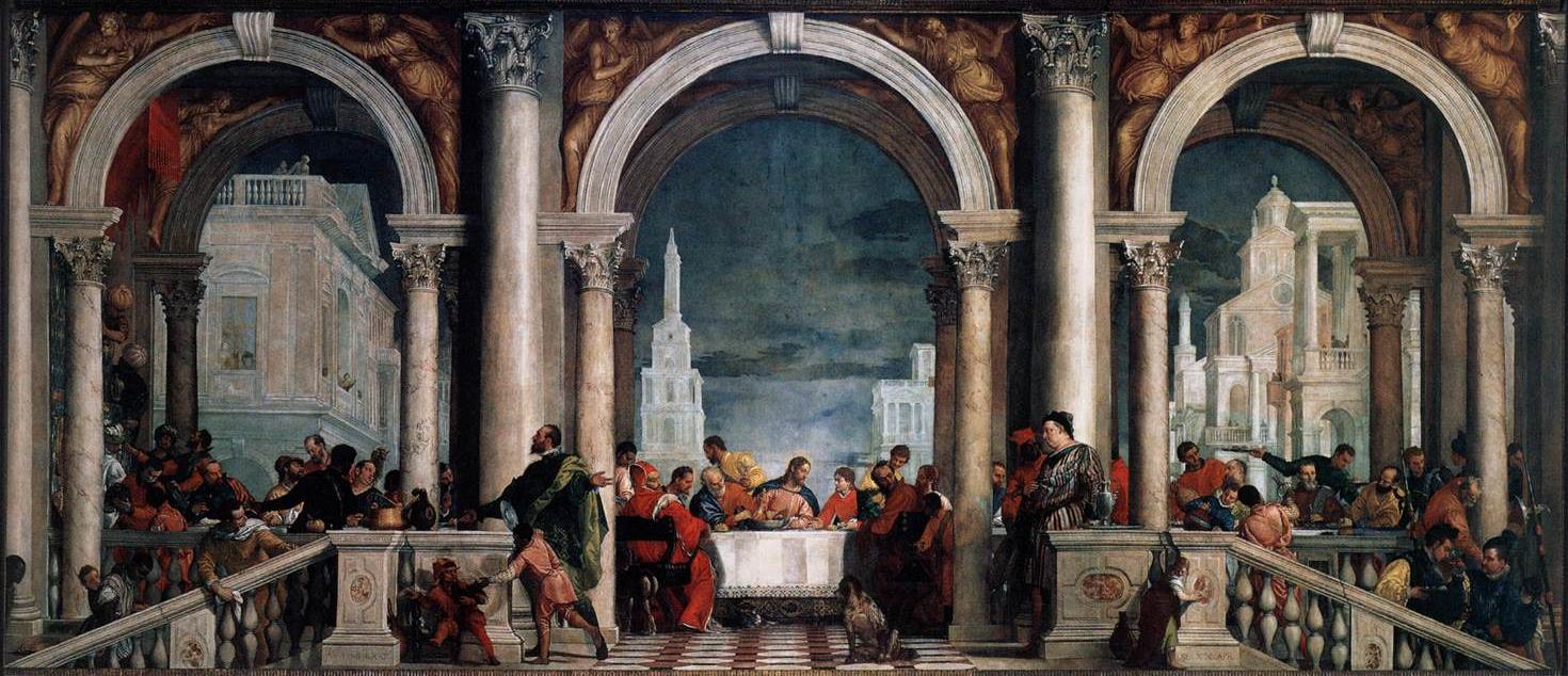 La cena in casa Levi (1573) Commissionato dai Domenicani per il refettorio del convento dei Santi Giovanni e Paolo di Venezia (originariamente doveva rappresentare un Ultima Cena) loggiato con tre
