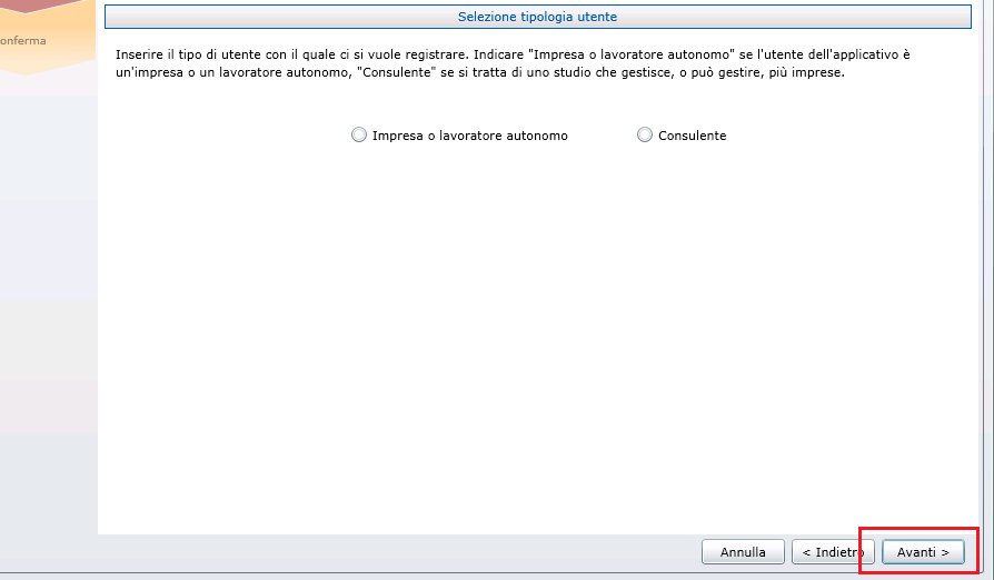 Selezionare la tipologia di utente (impresa o lavoratore