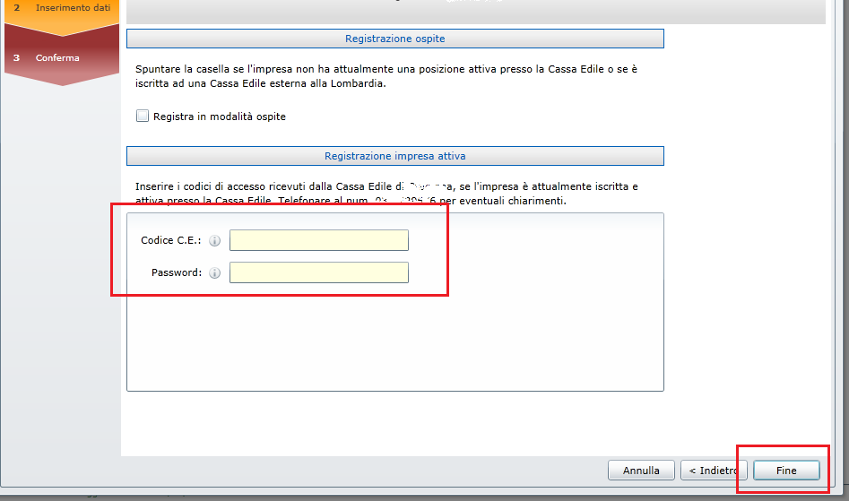 Se l utente è iscritto ad una Cassa Edile della Lombardia e la Cassa Edile ha previsto tale modalità di autenticazione, inserire i codici nelle caselle di testo e premere