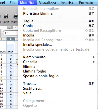 27 Cancellare righe e colonne Per eliminare un intera riga: selezionarla, andare sul menu Modifica e fare un