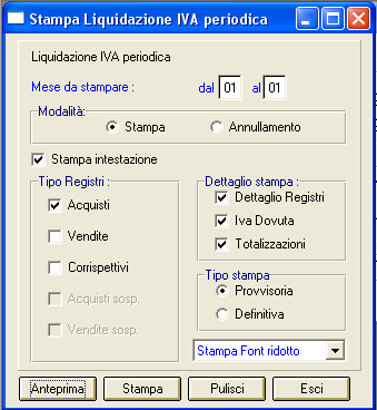 Figura 15 Stampa Liquidazione Iva Oliamm Inserire i seguenti filtri di ricerca: Mese da stampare: : inserire i mesi che si intendono verificare; Modalità: Stampa; Tipo Registri: : Acquisti Vendite